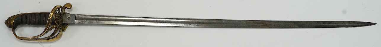 A Victorian 1845 pattern infantry officer’s sword, etched blade, regulation hilt, blade 81.5cm. Condition - good, some age wear